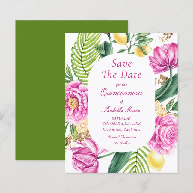 Budget Floral Quinceañera Save The Dates (Vorne/Hinten)
