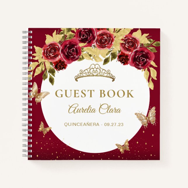 BUDGET Floral Red Gold Butterfly Gästebuch Notizbuch (Vorderseite)