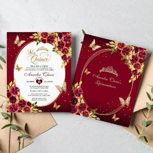 BUDGET Floral Red Gold Tiara Butterfly Quinceañera