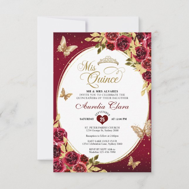 BUDGET Floral Red Gold Tiara Butterfly Quinceañera Mitteilungskarte (Vorderseite)