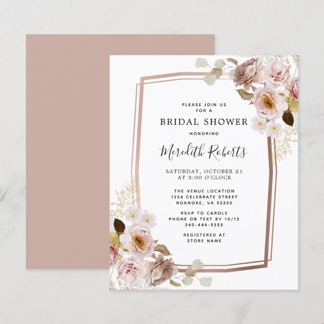 Budget Floral Rose Gold Frame Brautparty Einladung (Vorne/Hinten)