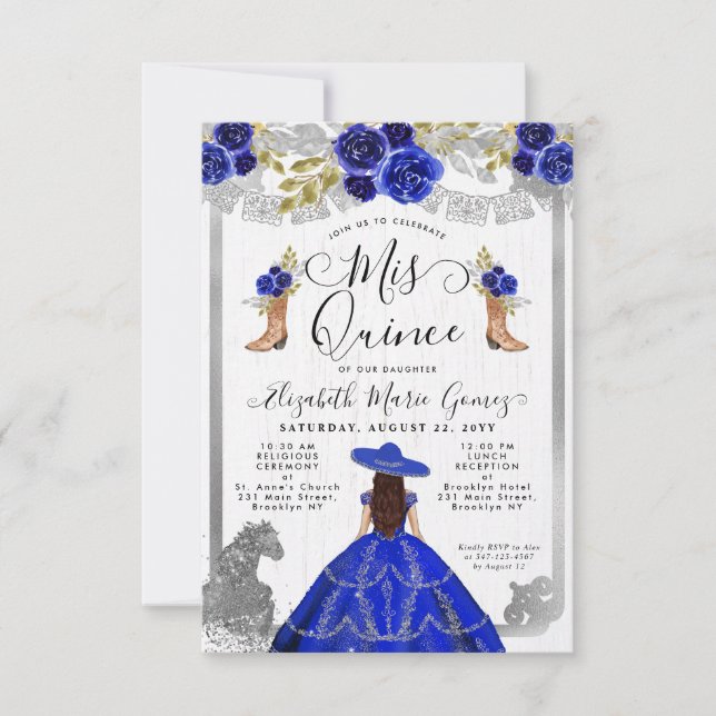 Budget Floral Royal Blue Charra Quinceanera Mitteilungskarte (Vorderseite)