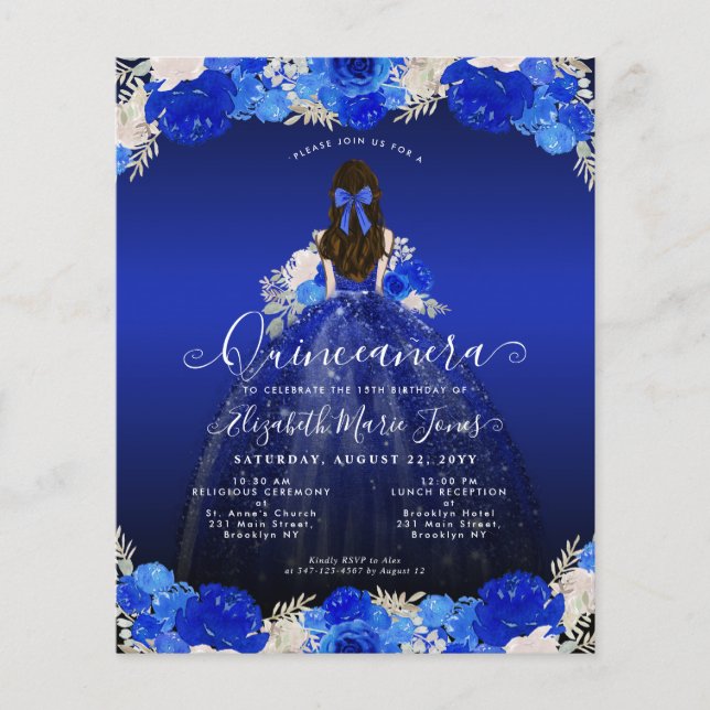 Budget Floral Royal Blue Dress Quinceanera Einladu (Vorderseite)