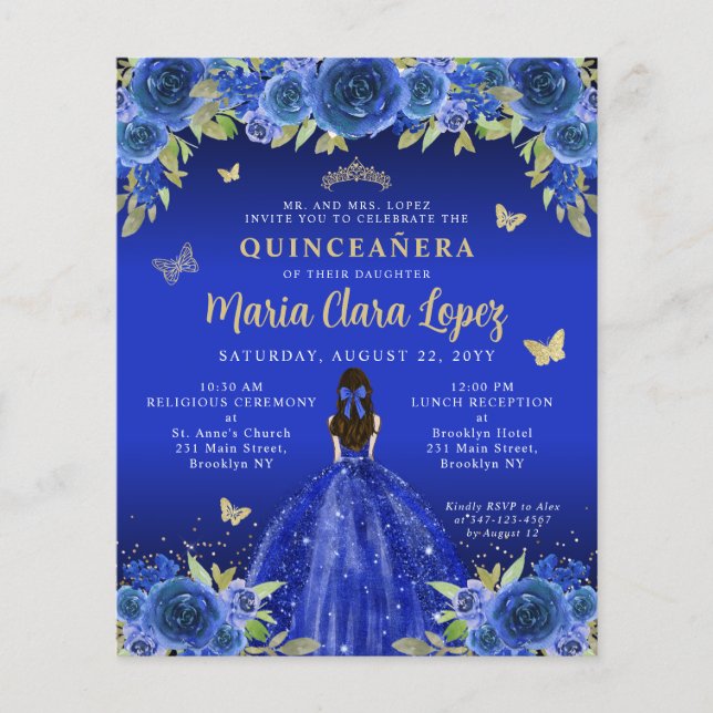 Budget Floral Royal Blue Gold Princess Quinceanera (Vorderseite)
