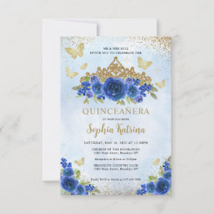 Budget Floral Royal Blue Gold Tiara Quinceñera Mitteilungskarte