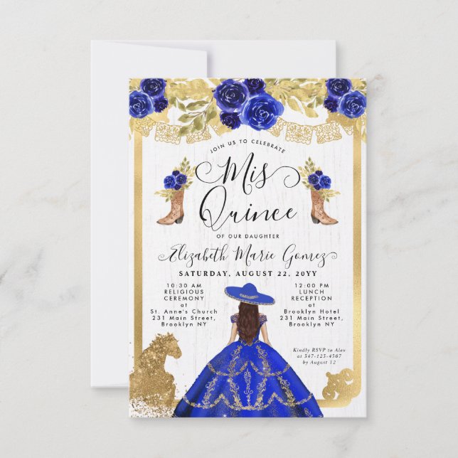 Budget Floral Royal Blue Latina Charra Quinceanera Mitteilungskarte (Vorderseite)