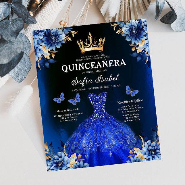 Budget Floral Royal Blue Princess Quinceanera Flyer (Von Creator hochgeladen)