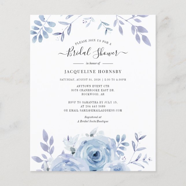Budget Floral Script Watercolor Brautparty (Vorderseite)