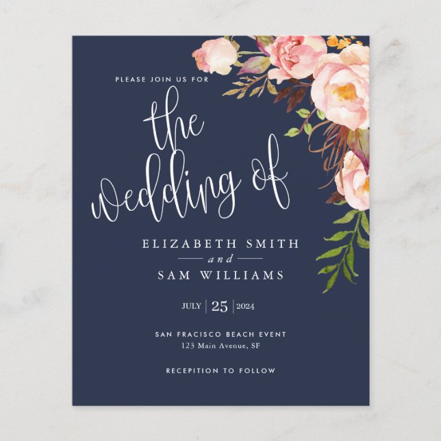 Budget Floral Simple Navy Blue Hochzeit Einladung Flyer (Vorne)