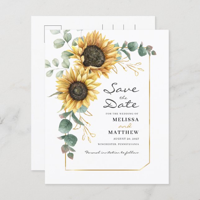 Budget Floral Sunflower Eukalyptus Save the Date (Vorne/Hinten)