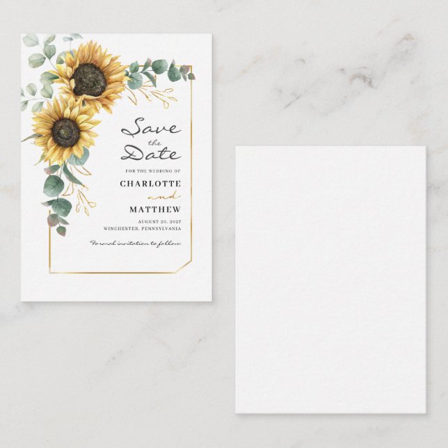 Budget Floral Sunflower Eukalyptus Save the Date Mitteilungskarte (Vorne/Hinten)