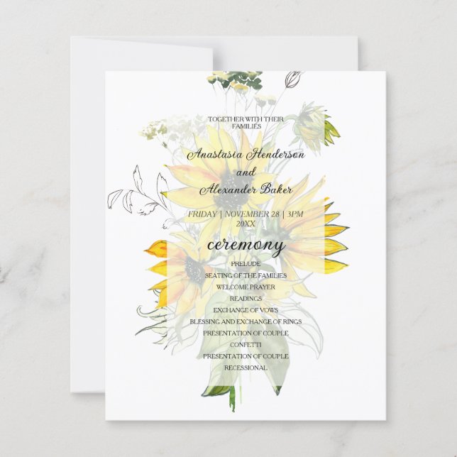 Budget Floral Wedding Programm Karte. (Vorderseite)