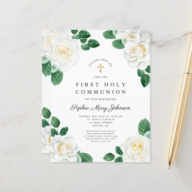 Budget Floral White Roses Girl First Communation (Vorderseite/Rückseite Beispiel)