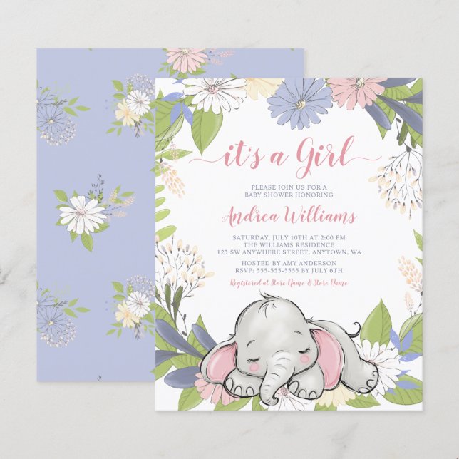 Budget Floral Wreath Elephant Girl Baby Dusche (Vorne/Hinten)