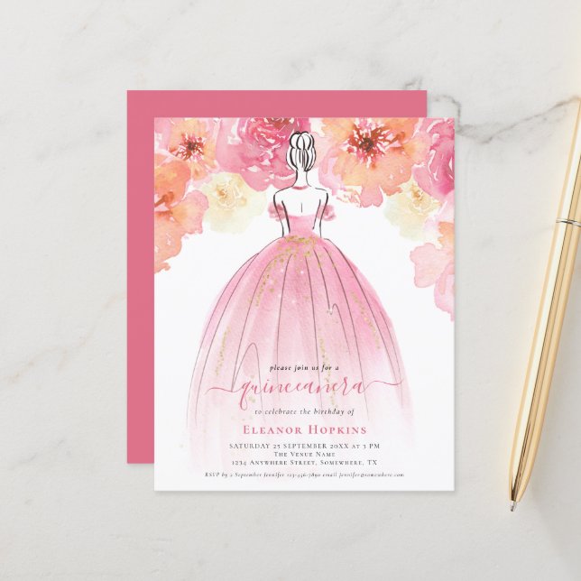 Budget Florals Kleid Rosa Quinceanera Einladung (Vorderseite/Rückseite Beispiel)