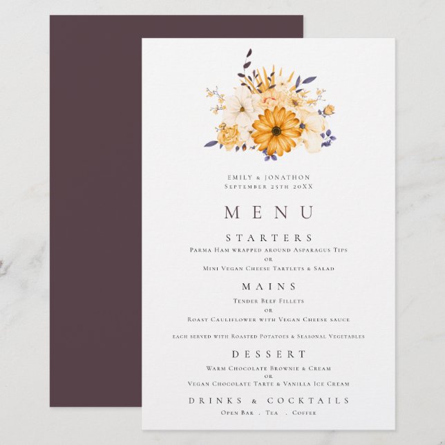 Budget Floraux Jaunes Folial Menu Mariage (Devant / Derrière)