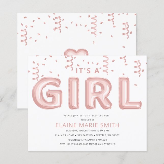 Budget Foil Balloons Girl Baby Shower Einladung (Vorne/Hinten)