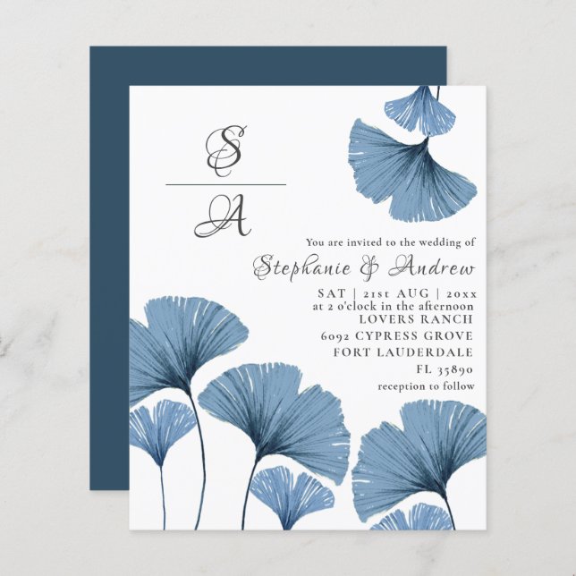Budget Foliage Blue & White Wedding Einladung (Vorne/Hinten)