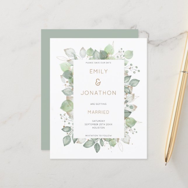 Budget Foliage Frame Sage Wedding Save the Date (Vorderseite/Rückseite Beispiel)