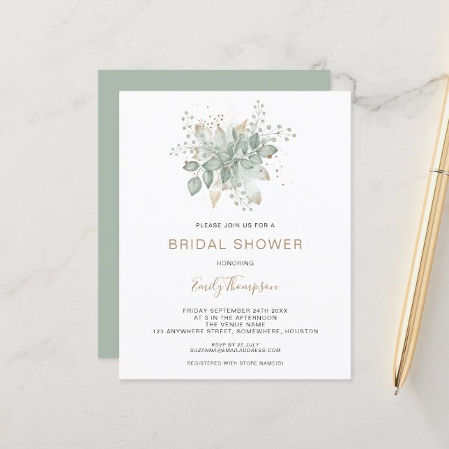 Budget Foliage Gold Sage Bridal Dusche Einladung (Vorderseite/Rückseite Beispiel)