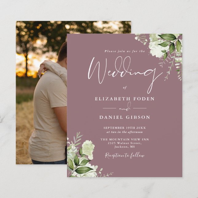 Budget Foliage Mauve Foto Hochzeit Einladung (Vorne/Hinten)