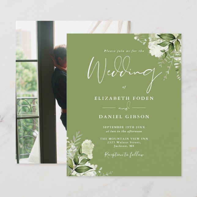 Budget Foliage Moss Green Foto Einladung (Vorne/Hinten)