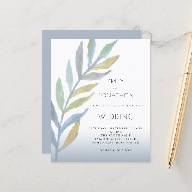 Budget Foliage Sea Glass Blue Wedding Einladung (Vorderseite/Rückseite Beispiel)
