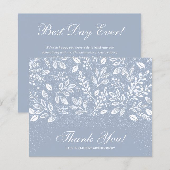 Budget Foliage White Script Dusty Blue Vielen Dank (Vorne/Hinten)