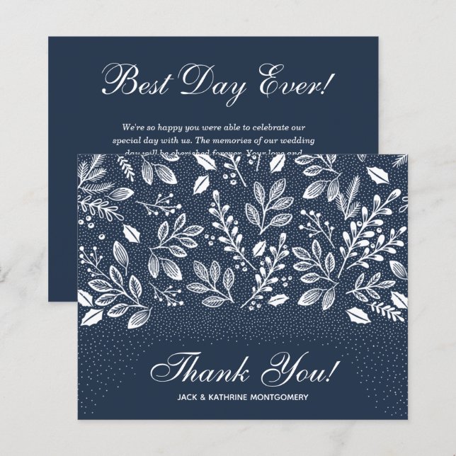 Budget Foliage White Script Navy Blue Vielen Dank (Vorne/Hinten)