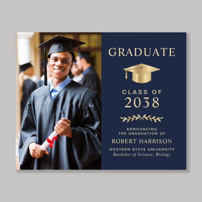 Budget Foto Blue Gold Abschluss Ankündigung (An elegant college graduation announcement to celebrate the graduate's achievements)