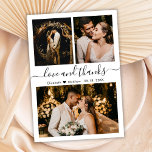 Budget Foto Collage Wedding Danke Karte<br><div class="desc">Budget, modern, elegant, Hand Lettering Hochzeit drei Foto Collage Danke personalisiert günstigen Low-Budget dünne Karte. Minimalistische Hochzeit Dankeschön Kartenvorlage mit drei Foto auf der Vorderseite und ein Foto auf der Rückseite. Mit dem Text "Liebe und Dank" in einer Wirblen Hand geschrieben Kalligraphie Skript-Schriftart mit schwarzen Swashes auf weißem Hintergrund. Kleines...</div>