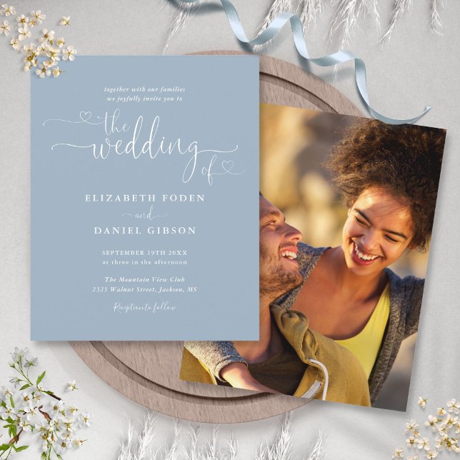 Budget Foto Dusty Blue Script Einladung (Budget Photo Dusty Blue Script Wedding Invitation)