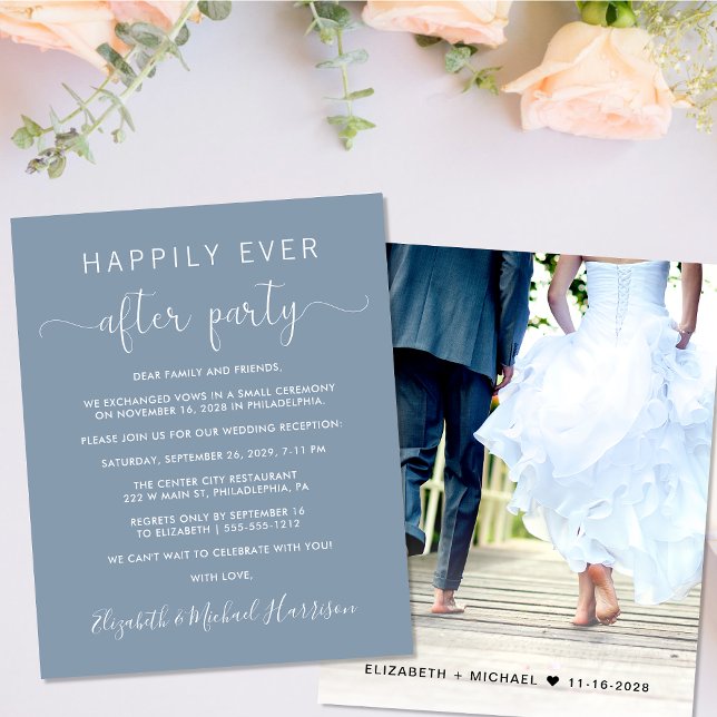 Budget Foto Dusty Blue Wedding Reception Einladung (Your love story deserves a grand celebration!)
