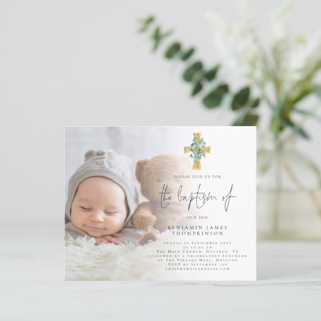 Budget Foto Eukalyptus Cross Taufen Einladung (Stehend Vorderseite)
