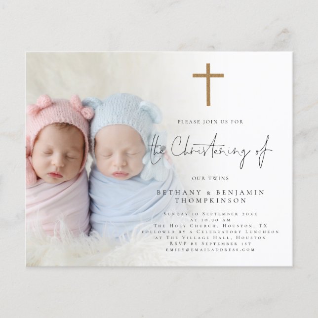 Budget Foto Gold Cross Twins Einladung feiern (Vorderseite)