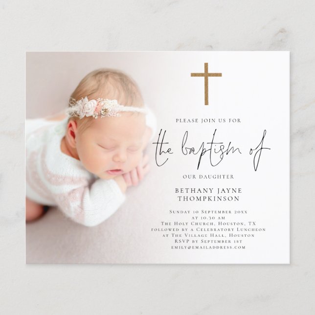Budget Foto Gold Glitzer Cross Baptisse Einladung (Vorderseite)