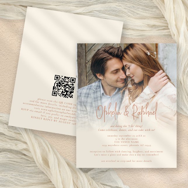 Budget Foto Overlay QR Terracotta Cream Wedding (Front and back view. Smaller 4.5 x 5.6" budget price invitation)
