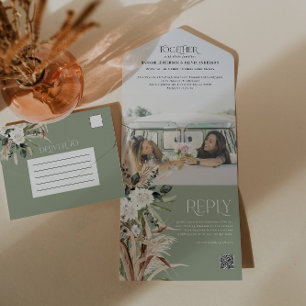 Budget Foto Pampas eucalyptus Hochzeit QR-Code All In One Einladung