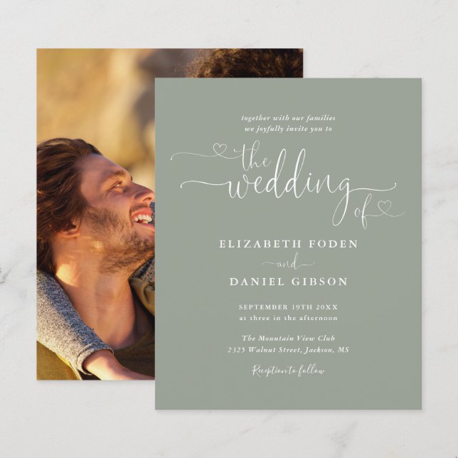 Budget Foto Sage Green Hearts Hochzeit Einladung (Vorne/Hinten)