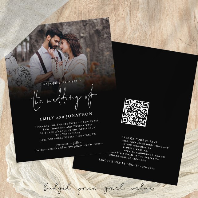 Budget Foto Script QR Code Wedding Black Invite (Budget Price Wedding Invitations with custo photo and black overlay)