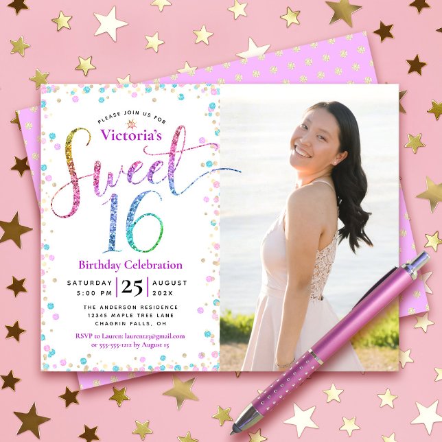 Budget Foto Sweet 16 Rainbow Glitzer Dots Einladun (Von Creator hochgeladen)