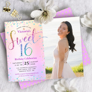Budget Foto Sweet 16 Rainbow Glitzer Einladung