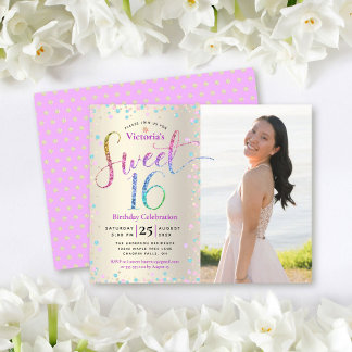Budget Foto Sweet 16 Rainbow Glitzer Gold Einladun