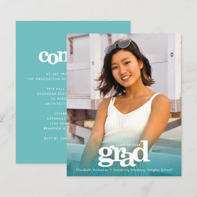 Budget Foto türkis blauer Abschluss fett einladen (Vorne/Hinten)