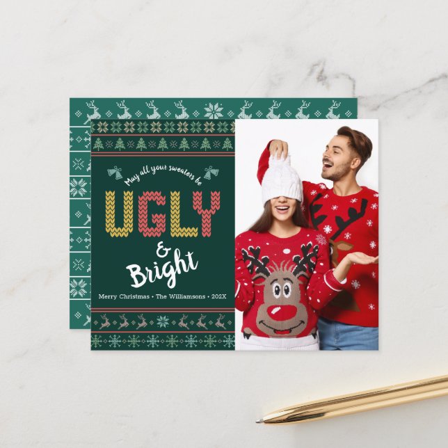 Budget Foto Ugly Sweater Christmas Green Card (Vorderseite/Rückseite Beispiel)