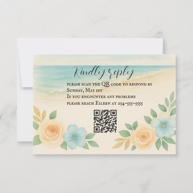 Budget Friendly Floral Beach QR Code RSVP Card Karte (Vorderseite)
