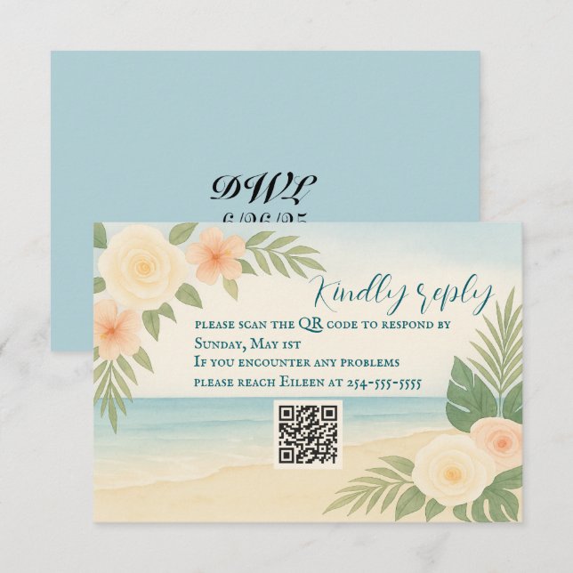 Budget Friendly Floral Beach QR Code RSVP Card Karte (Vorne/Hinten)