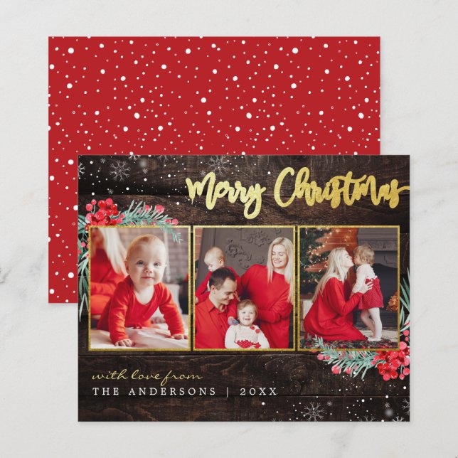 Budget Frohe Weihnachten Gold Wood 3 Foto Collage (Vorne/Hinten)