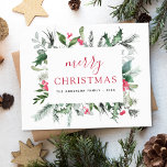 Budget Frohe Weihnachten Grüne Red Holiday Card<br><div class="desc">Günstige Weihnachten mit Weihnachtsgrün,  Eukalyptus,  Heiligen Bereren und einfachem rotem Hintergrund.</div>