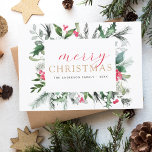 Budget Frohe Weihnachten Grüne Red Holiday Card<br><div class="desc">Günstige Weihnachten mit Weihnachtsgrün,  Eukalyptus,  Heiligen Bereren und einfachem rotem Hintergrund.</div>
